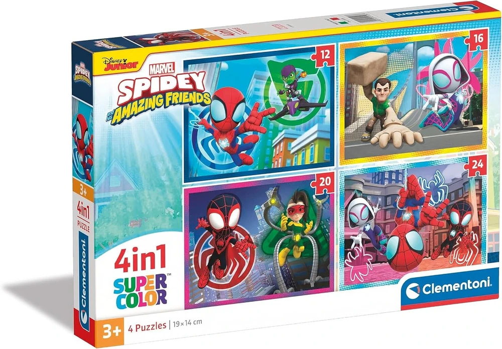 Clementoni - 21528 - supercolour dėlionė 4 in 1 - Marvel Spidey and His Amazing Friends - dėlionė 12, 16, 20, 24 dalys nuo 3 metų, spalvinga vaikiška dėlionė su specialiu švytėjimu ir spalva