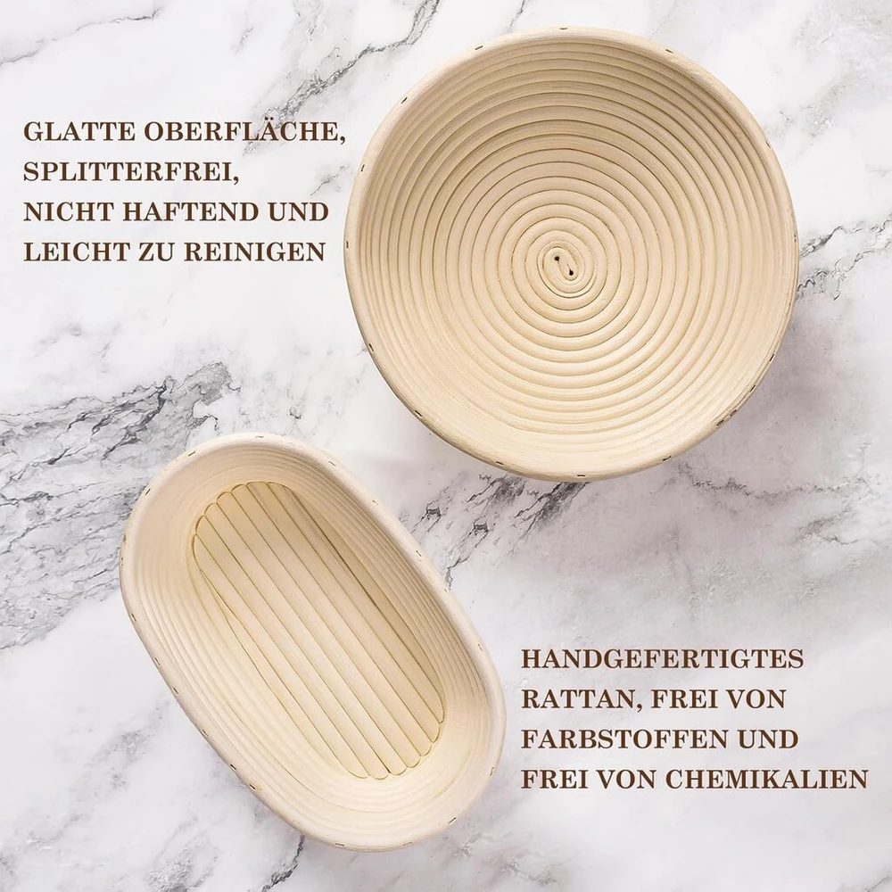 Clheatky rauginimo krepšelių rinkinys su įdėklu, 25 cm apvalus ir ovalus raugo rinkinys, raugo duonos kepimo priedai, duonos kepimo įrankiai, natūralaus rotango fermentacijos dubenys-krepšeliai