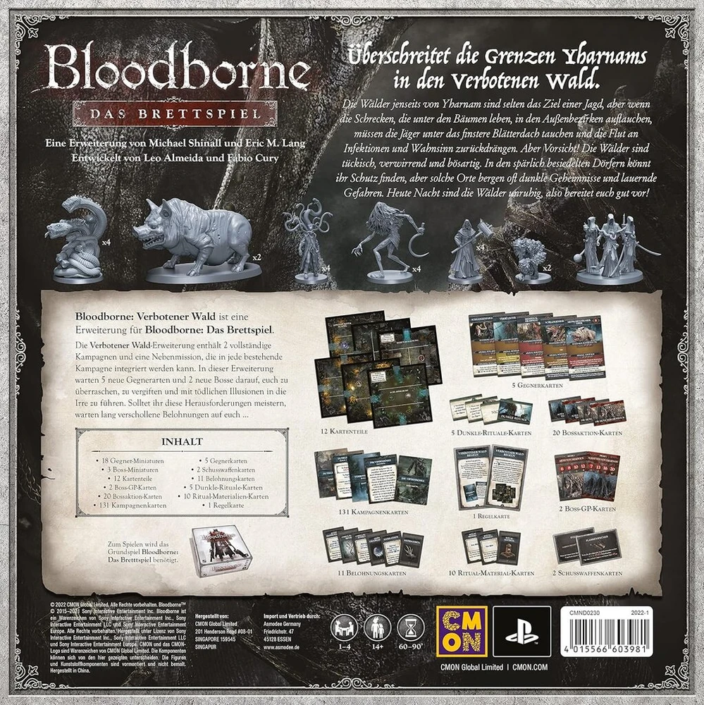 Cmon, Bloodborne: stalo žaidimas – uždraustojo miško papildymas, ekspertų žaidimas, požemių žaidimas, 1–4 žaidėjai, nuo 14 metų, 60–90 minučių, vokiečių kalba, 2-asis papildymas