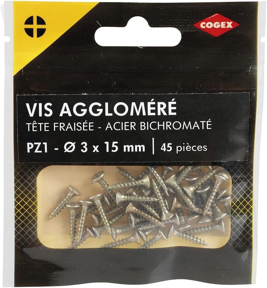 Cogex 85202 screws agglomère pz pozidriv auksinis 1 x 3 x 15 mm, 45 vnt. rinkinys