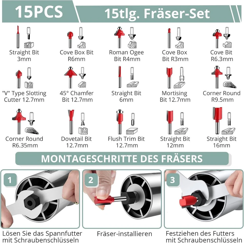 Colfuline freza, skersmuo 6,35 mm, frezavimo įrankis 800 w, kraštų freza 28000 aps/min, 6 kintami greičiai, elektrinis rankinis medienos frezeris su 15 frezavimo įrankių rinkiniu medienos grioveliams