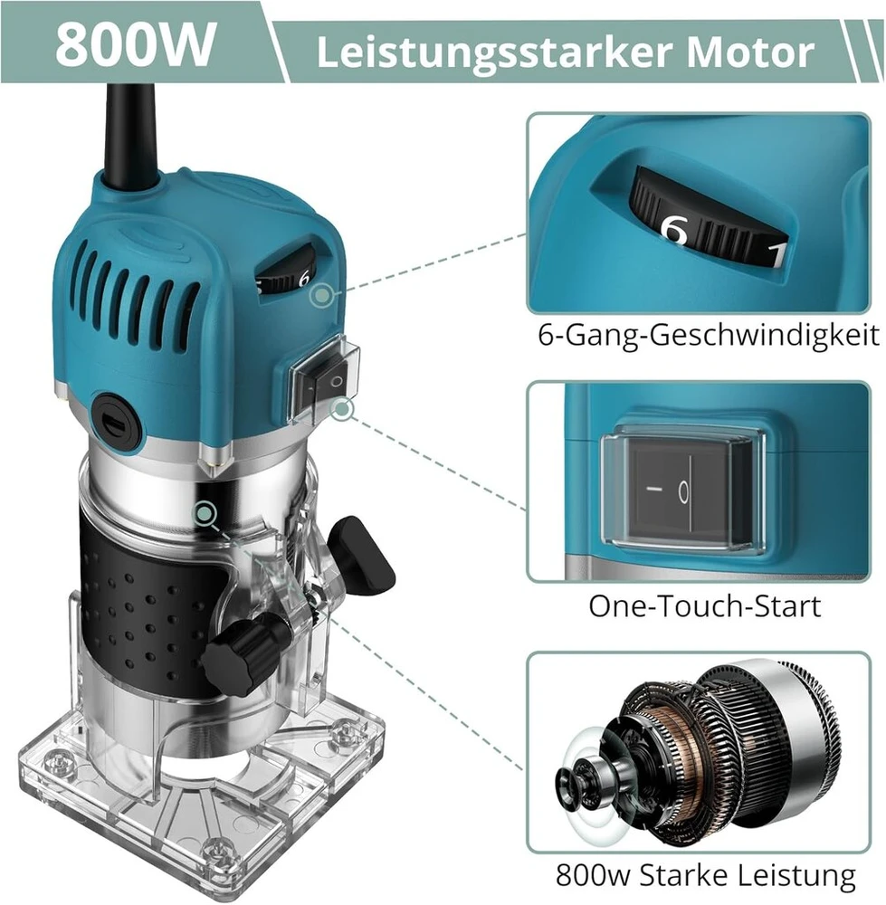 Colfuline freza, skersmuo 6,35 mm, frezavimo įrankis 800 w, kraštų freza 28000 aps/min, 6 kintami greičiai, elektrinis rankinis medienos frezeris su 15 frezavimo įrankių rinkiniu medienos grioveliams
