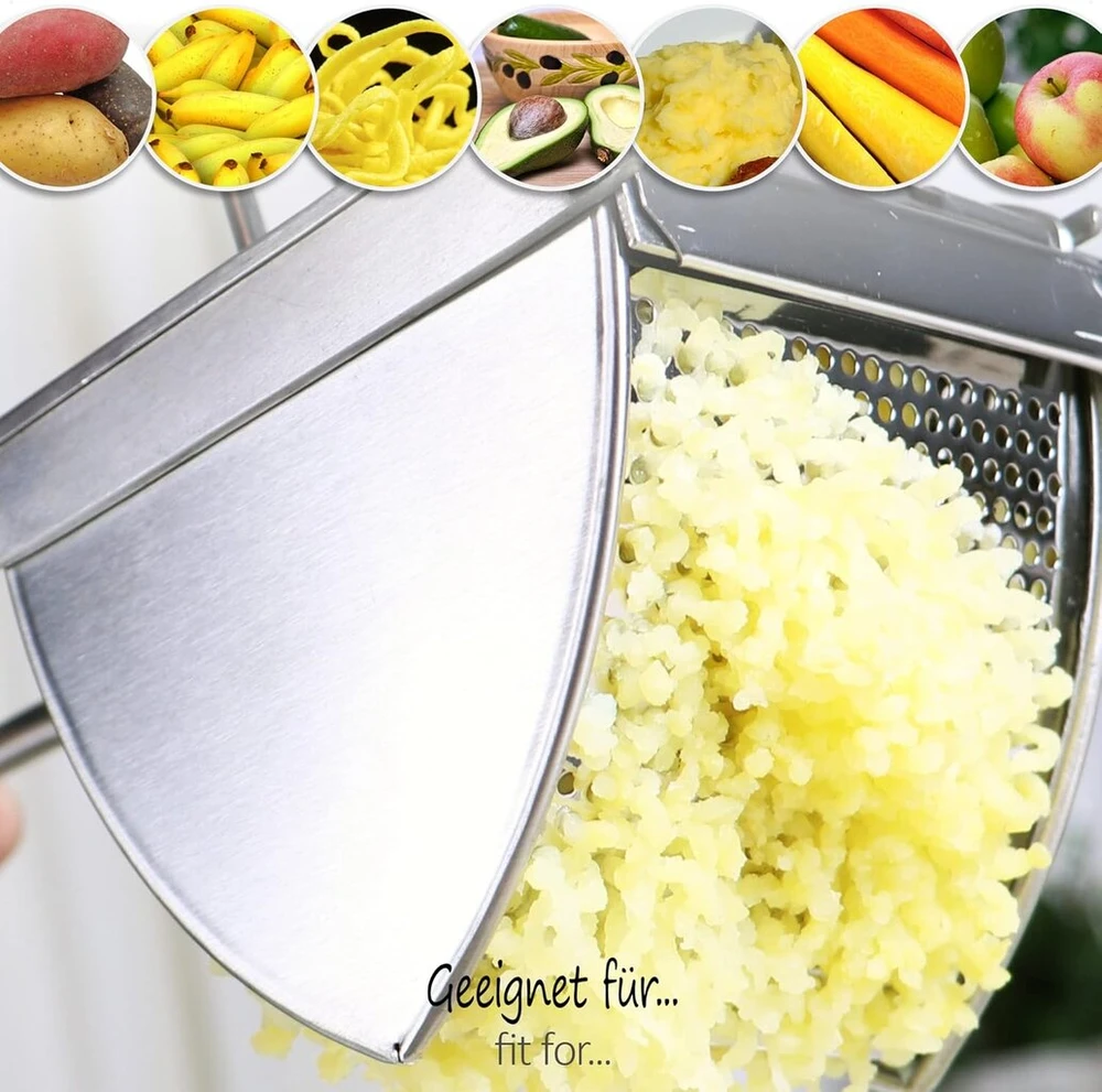 Com-four® bulvių trintuvas pagamintas iš nerūdijančio plieno, galima plauti indaplovėje, spaetzle presas, spagečių ledų presas, bulvių grūstuvas (nerūdijantis plienas, ergonomiška rankena)