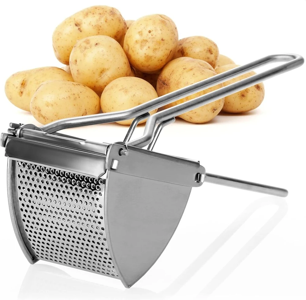 Com-four® bulvių trintuvas pagamintas iš nerūdijančio plieno, galima plauti indaplovėje, spaetzle presas, spagečių ledų presas, bulvių grūstuvas (nerūdijantis plienas, ergonomiška rankena)
