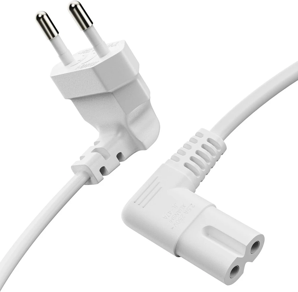 Conecto maitinimo laidas 2 kontaktų 3,0 m euro kištukas c tipo į iec c7 lizdą euro 8 kištukas, 90° kampu maitinimo laidas buitiniams prietaisams, ps3, ps4, ps5, televizoriui ir dar daugiau, baltas