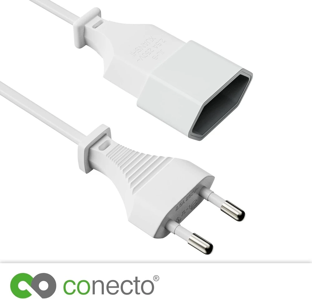 Conecto maitinimo laidas, 2.0 m, plokščias kištukas euro kištukas tipo c į euro lizdą, maitinimo laido ilgintuvas buitiniams prietaisams, televizoriui, žaidimų konsolei, baltas