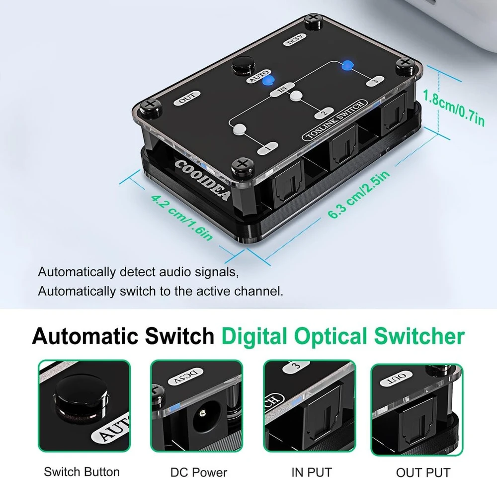 Televizorius Cooidea Toslink jungiklis 3:1 - automatinis Spdif optinis audio Toslink jungiklis su nuotolinio valdymo pulteliu, palaiko iki 192 Khz / 24 bitų, Pcm 2.0 Dts Dolby Ac3 televizoriui, XBOX ir Blu-ray grotuvui