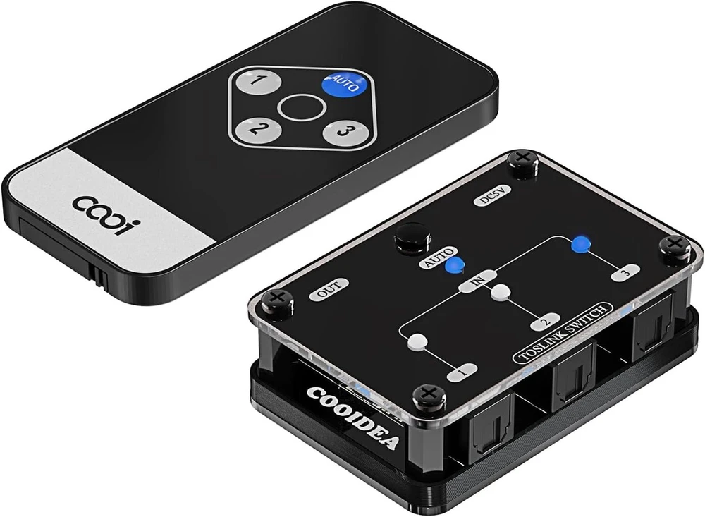 Televizorius Cooidea Toslink jungiklis 3:1 - automatinis Spdif optinis audio Toslink jungiklis su nuotolinio valdymo pulteliu, palaiko iki 192 Khz / 24 bitų, Pcm 2.0 Dts Dolby Ac3 televizoriui, XBOX ir Blu-ray grotuvui