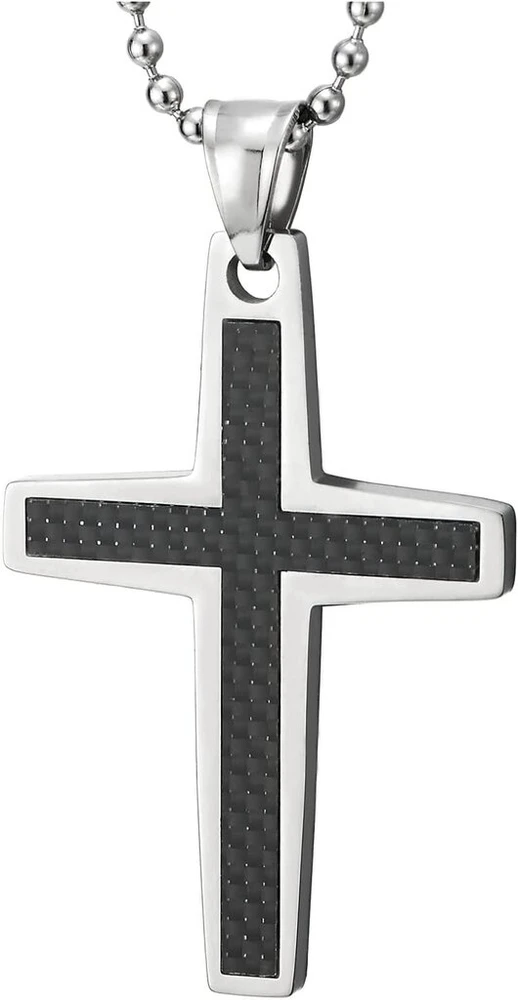 Coolsteelandbeyond vyriškas nerūdijančio plieno kaklo papuošalas su kryžiaus pakabuku ir anglies pluošto intarpu bei 75 cm ilgio grandinėle, anglies pluoštas, be brangakmenių