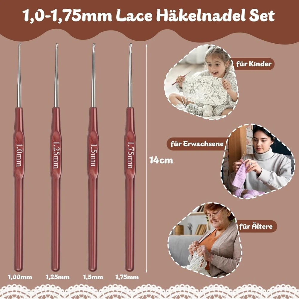 Coopay nėrimo vąšelių rinkinys, 1.0 mm, 1.25 mm, 1.5 mm, 1.75 mm nėrimo vąšeliai su ilgesne rankena, 4 dalių lcae nėrimo vąšelių rinkinys pradedantiesiems, mini nėrimo vąšeliai nėriniams, mažas dydis