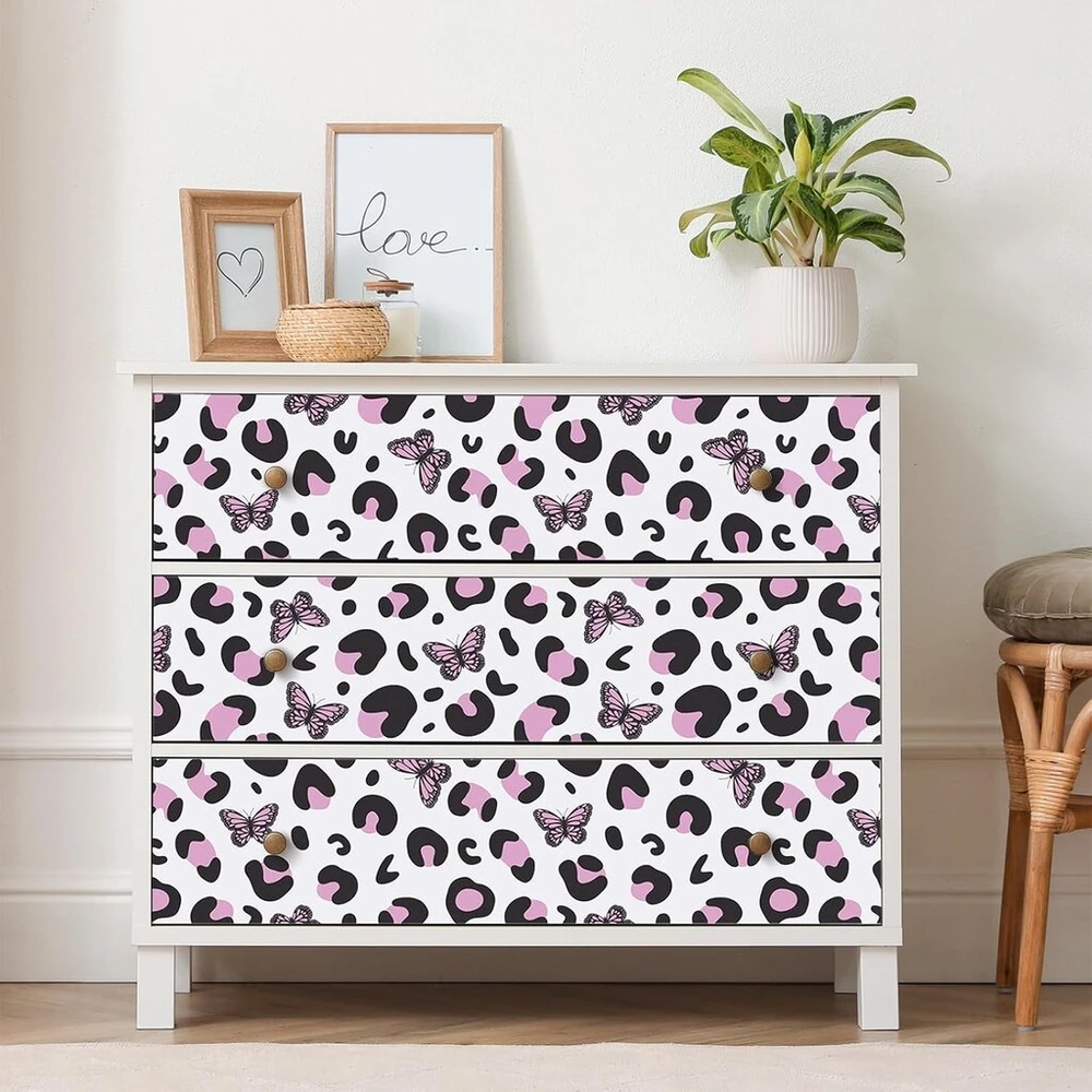 Cre8tive leopard print lipnus tapetas baltas rožinis drugelio plėvelė baldams 30,5 cm x 300 cm tapetai miegamojo mergaitėms nuimami tapetai vonios kambario vandeniui atsparūs tapetai vaikų kambariui
