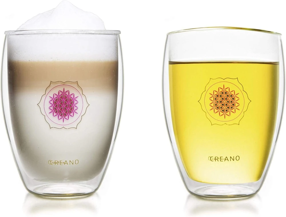 Creano dvigubo stiklo arbatinė stiklinė, Latte Macchiato, termopuodelis „flower of Life“ | 250 ml, išskirtinėje dovanų dėžutėje, 2 vnt.