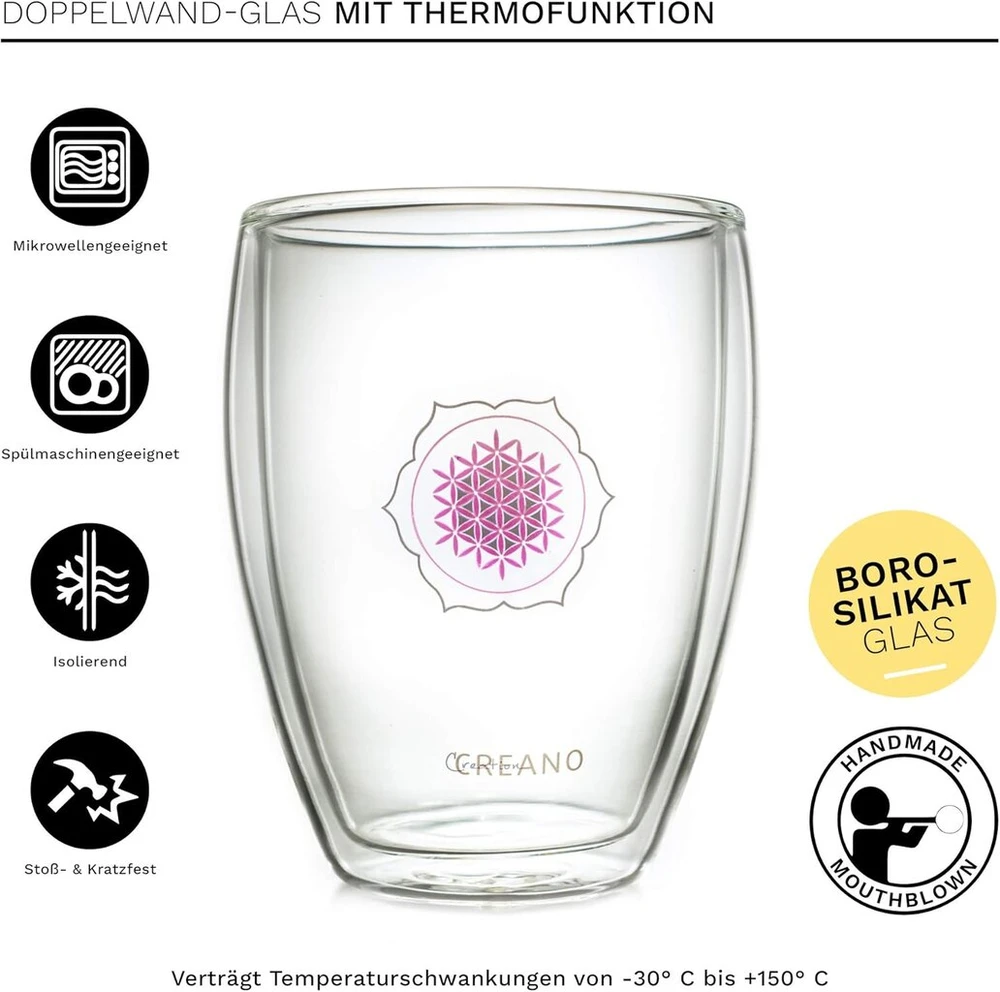 Creano dvigubo stiklo arbatinė stiklinė, Latte Macchiato, termopuodelis „flower of Life“ | 250 ml, išskirtinėje dovanų dėžutėje, 2 vnt.