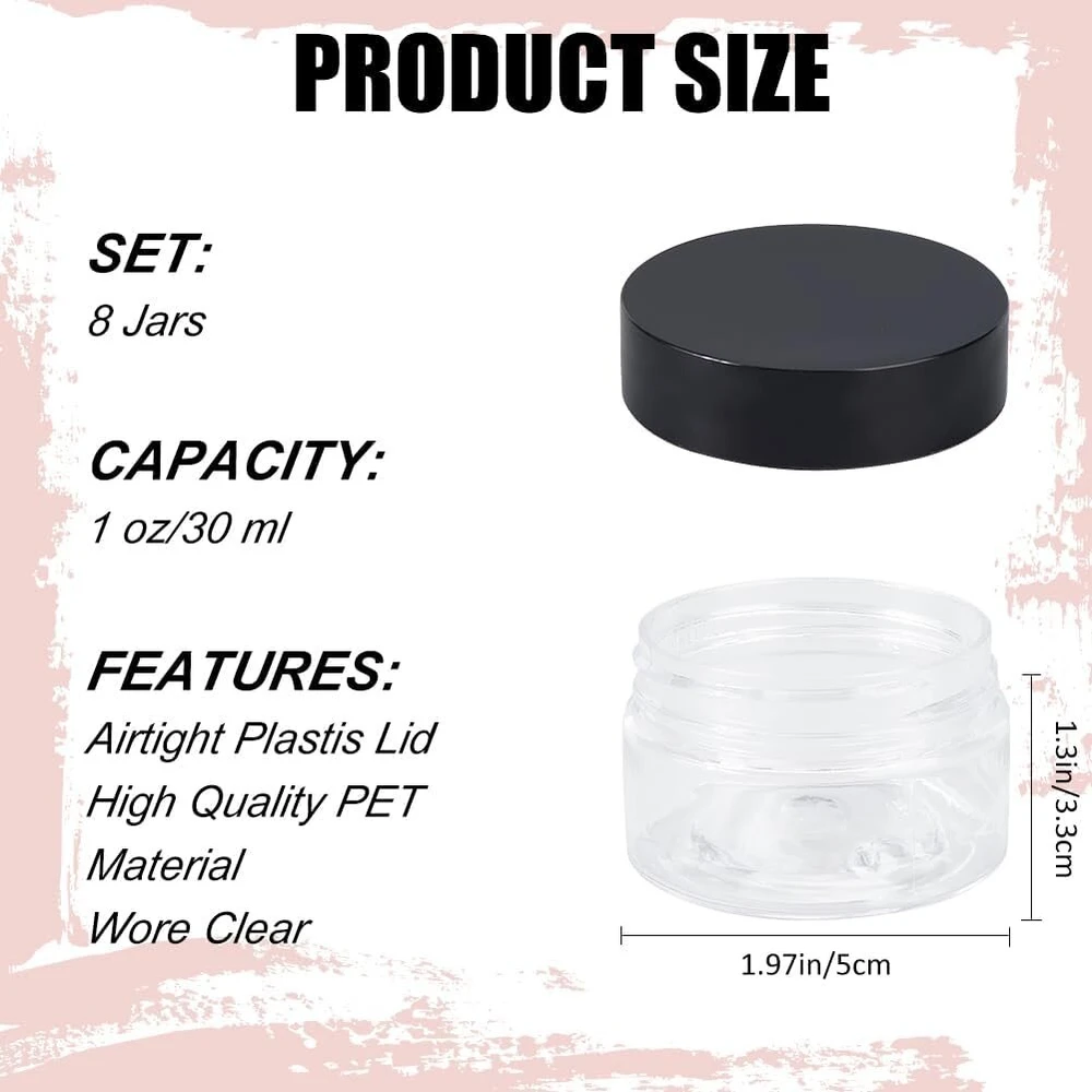 Creatcabin 8 vnt. 30 ml maži kelioniniai indai mini makiažo indai kelioninis laikymas skaidrūs tušti kosmetikos indeliai apvalūs daugkartiniai plastikiniai indeliai kremams tualeto reikmenims losjonų mėginiams