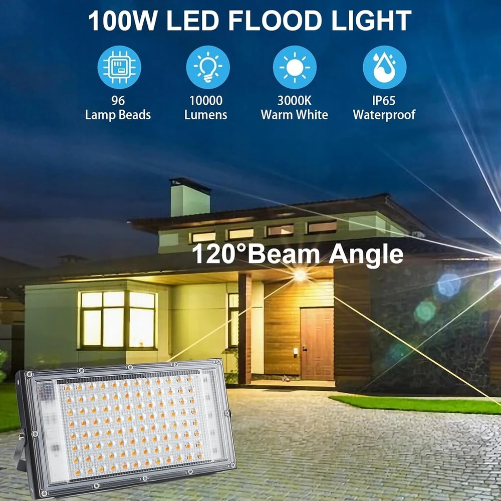 Createstar led prožektorius 100 w, led prožektorius su kištuku, 2 vnt., 10000 liumenų led prožektorius, 3000 k, šilta balta, lauko prožektorius su ip65 atsparumu vandeniui ryškiam sodui, garažui, sporto aikštelei