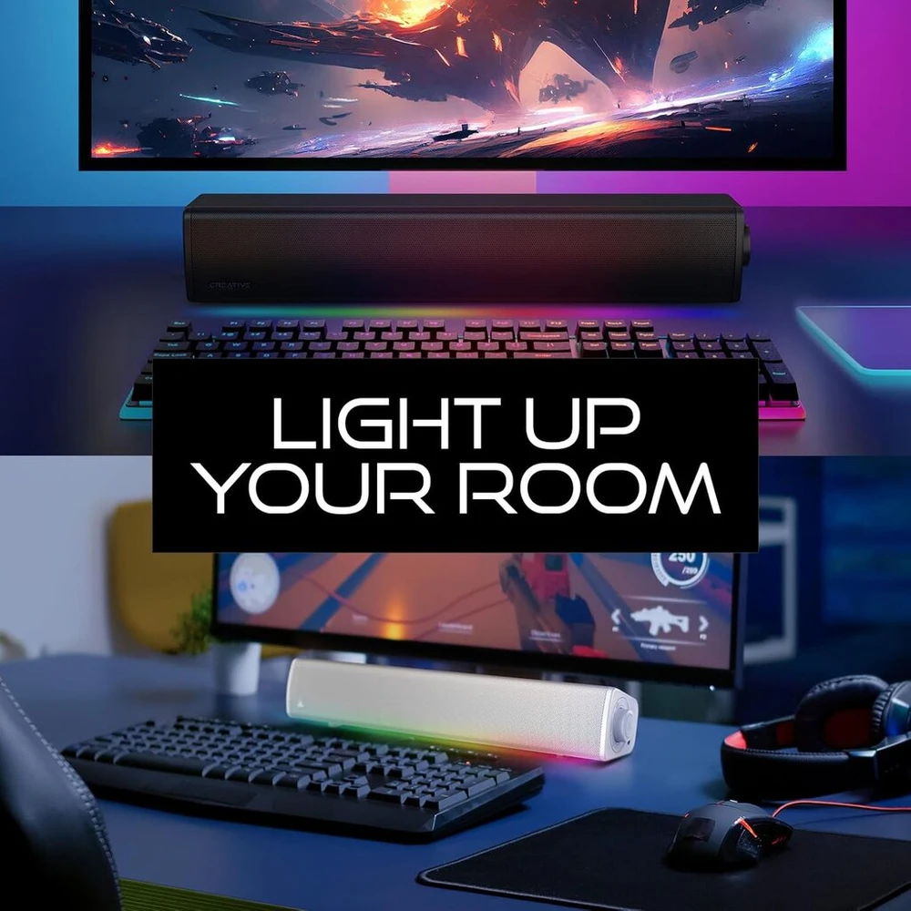 Kompiuterio kolonėlės Creative Sound Blaster Gs3 (balta) kompaktiška žaidimų garso juosta su Rgb ir Superwide technologija, maitinama Usb, Bluetooth 5.4, ausinių išvestis, skirta Pc ir Mac