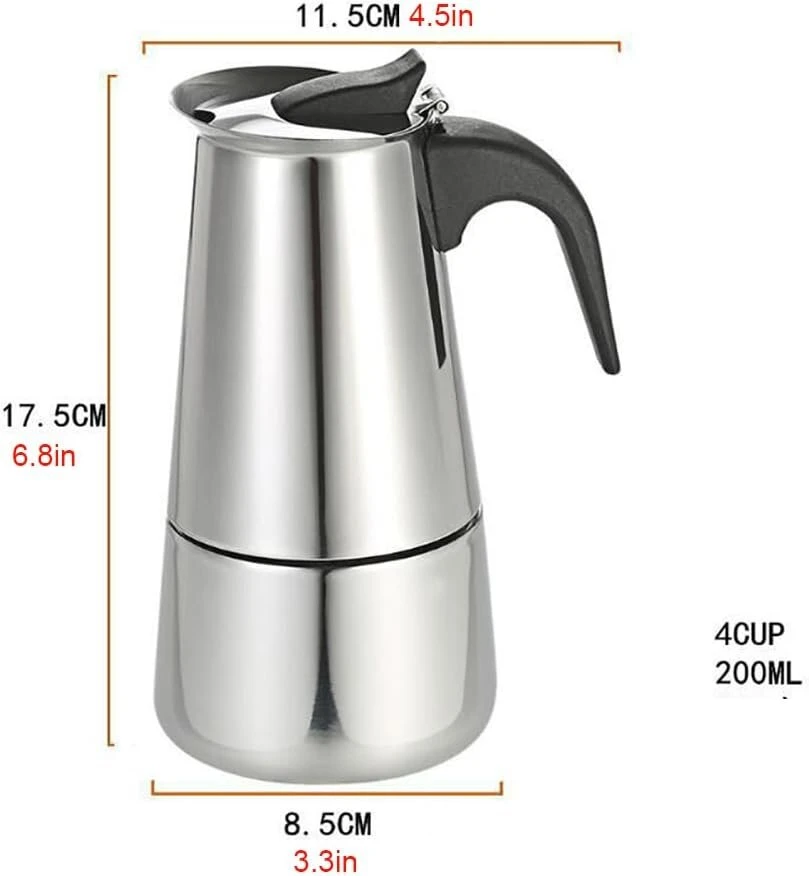 Crevyteg itališkas kavos virimo aparatas, espresso virimo aparatas indukcinei viryklei, espresso mašina indukcinei viryklei pagaminta iš nerūdijančio plieno, 4 puodeliai/200 ml moka ąsotis, kavos virimo aparatas, mažas maisto kavos aparatas, skirtas induk