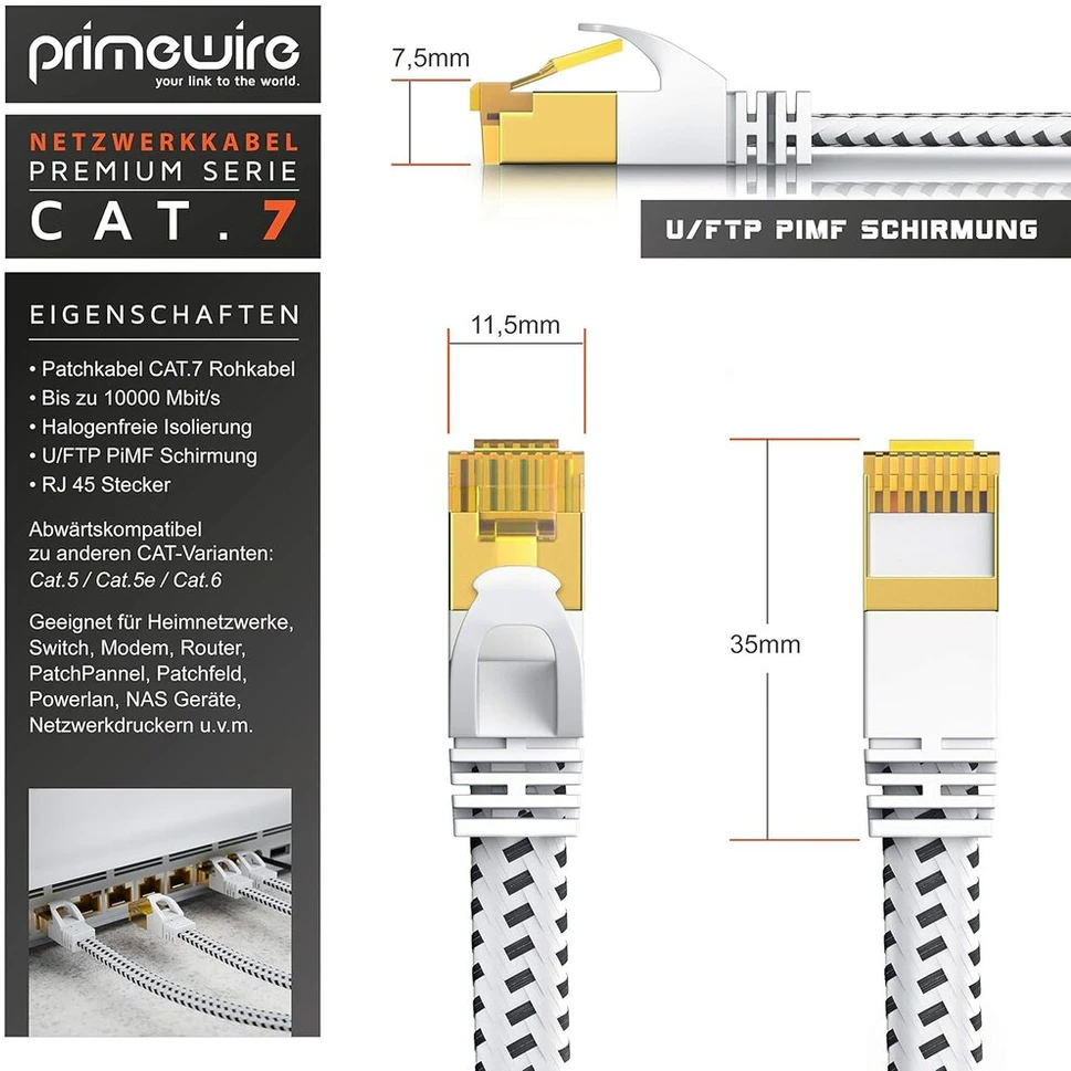 Csl - 0,25 m, 25 cm, Cat 7 tinklo kabelis, plokščias, 10 Gbits - medvilninis apvalkalas, Lan kabelis, patch kabelis, duomenų kabelis - Cat.7 Gigabit Rj45 Ethernet kabelis - 10000 Mbits greitis - plokščias kabelis - instaliacinis kabelis