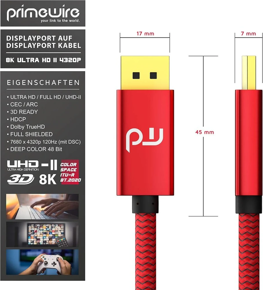 Csl 8k Displayport kabelis 1m, Dp 1.4, 7680x4320 60hz, 3840x2160 120hz, raudonas
