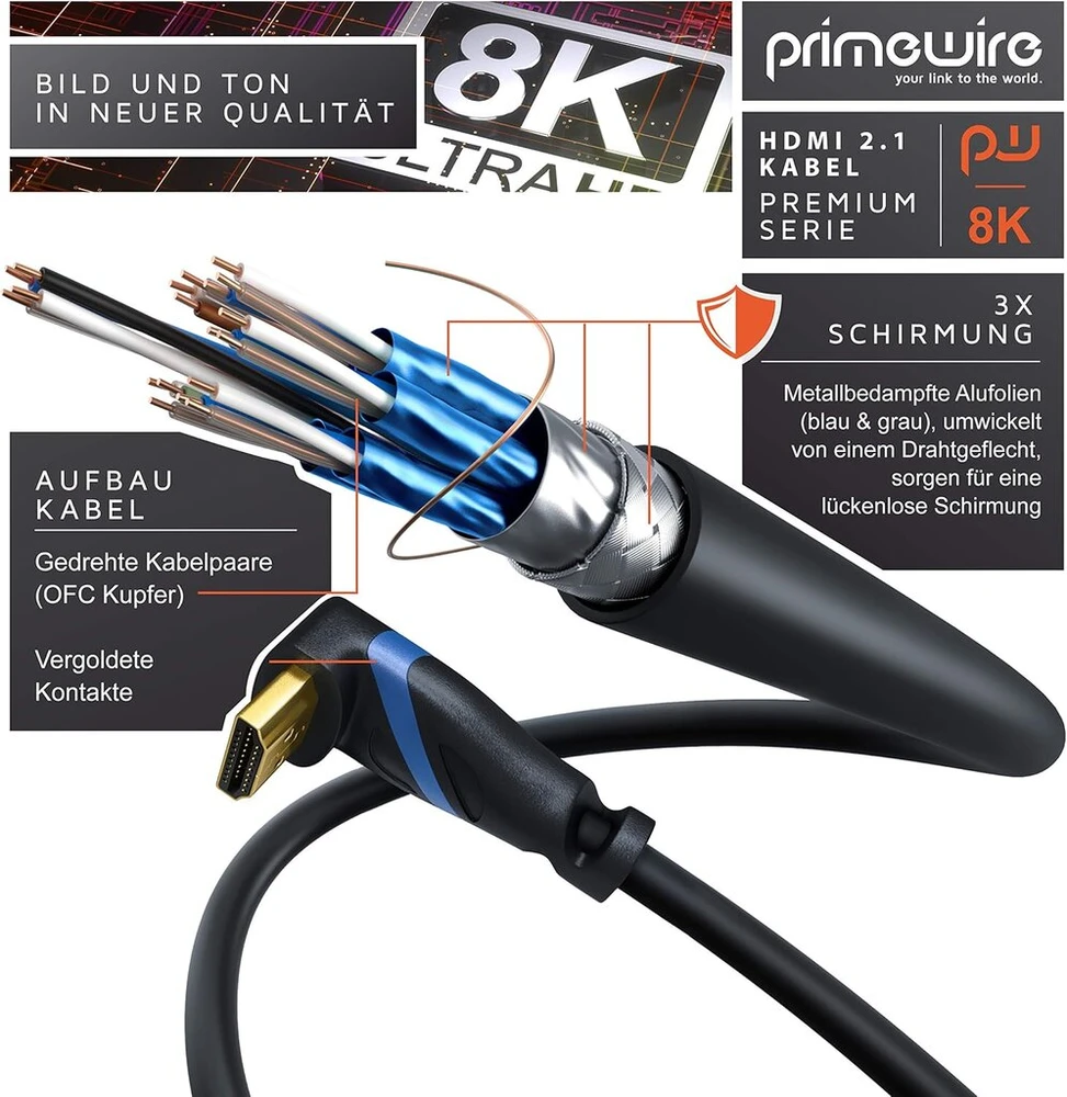 Csl - 8k Hdmi kabelis 2.1 su 90° kampu - kampinis kištukas 90 laipsnių - 8k @ 60 Hz su Dsc - 7680 x 4320 - 3 m (metrai) - Hdmi 2.1 2.0a 2.0b - 3d - Uhd Ii - Dynamic Hdr-10+ - Earc - Vrr - Dolby Vision