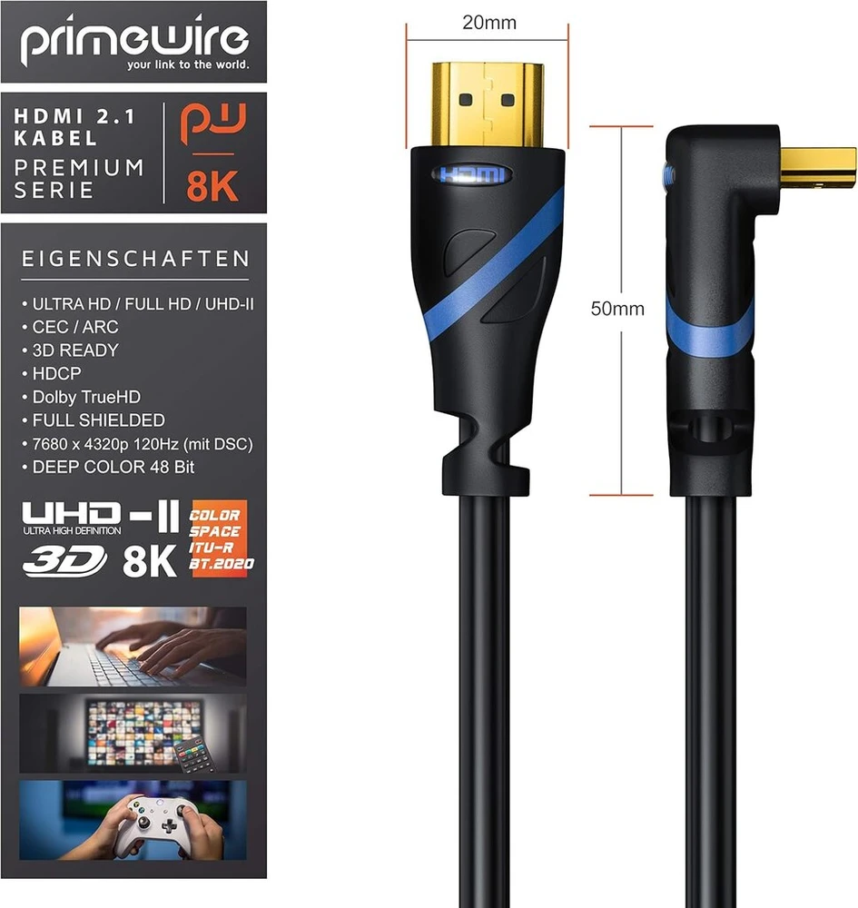 Csl - 8k Hdmi kabelis 2.1 su 90° kampu - kampinis kištukas 90 laipsnių - 8k @ 60 Hz su Dsc - 7680 x 4320 - 3 m (metrai) - Hdmi 2.1 2.0a 2.0b - 3d - Uhd Ii - Dynamic Hdr-10+ - Earc - Vrr - Dolby Vision