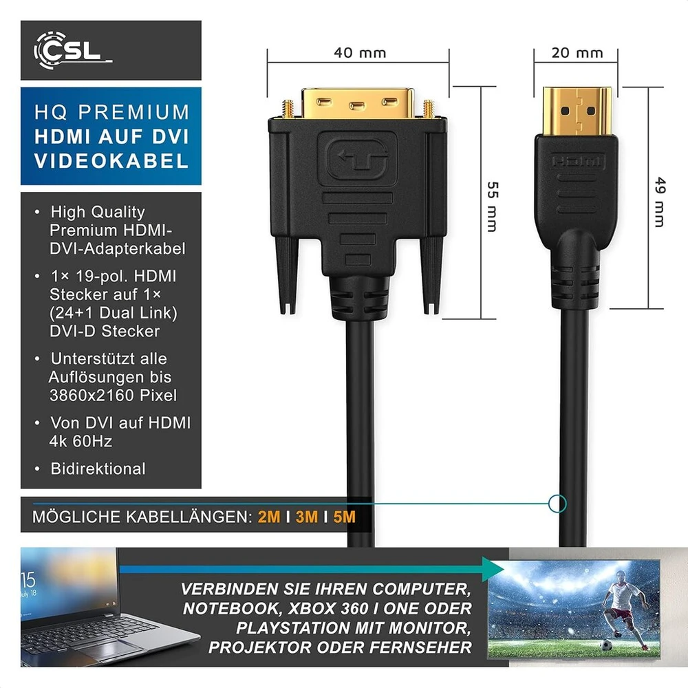 Csl Hdmi į Dvi 24+1 Dual Link didelės spartos adapterio kabelis Hdtv iki 1080p Full Hd 3d Ready
