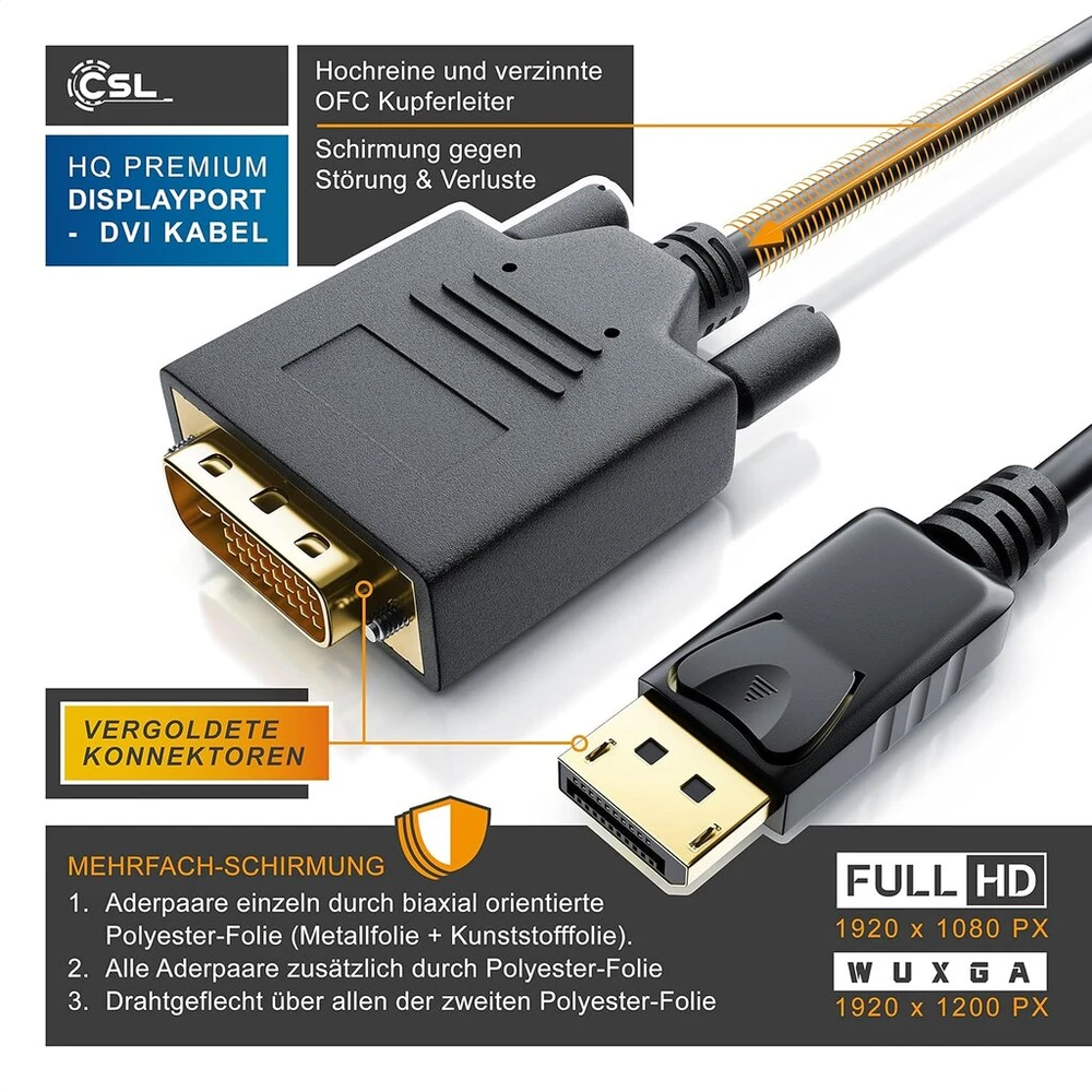 Csl – hq premium displayport į dvi kabelis (dual link), 3m