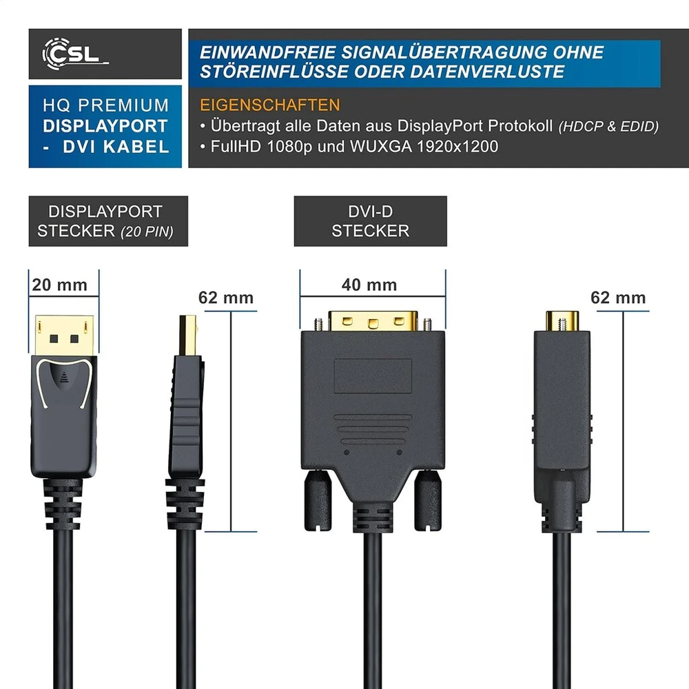 Csl – hq premium displayport į dvi kabelis (dual link), 3m