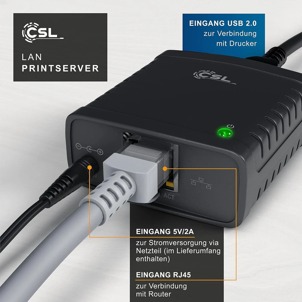 Csl - lan spausdinimo serveris - greitasis ethernet - usb 2.0 high speed - lrp spausdinimo serveris, skirtas windows - tinklo usb į rj45 - palaiko dhcp, tcp/ip - su maitinimo šaltiniu ir ethernet kabeliu - naujas