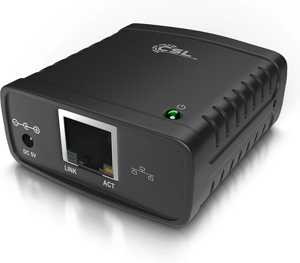 Csl - lan spausdinimo serveris - greitasis ethernet - usb 2.0 high speed - lrp spausdinimo serveris, skirtas windows - tinklo usb į rj45 - palaiko dhcp, tcp/ip - su maitinimo šaltiniu ir ethernet kabeliu - naujas