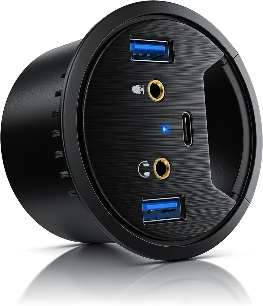 Csl - Usb 3.0 į stalą montuojamas Usb šakotuvas - stalo kabelių kreiptuvas - stalo kabelių dėžutė - 2 x Usb 3.2 - 1 x Usb C 3.2 - 2 x garso prievadai 3.5 mm lizdas garsiakalbiui ir mikrofonui