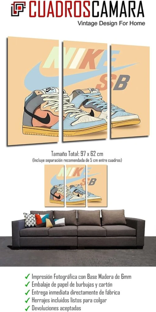 Cuadros Cámara Nike Sb Skateboard 3 dalių sieninis plakatas modernus svetainės miegamojo kambarys šlepetės (97x62cm)