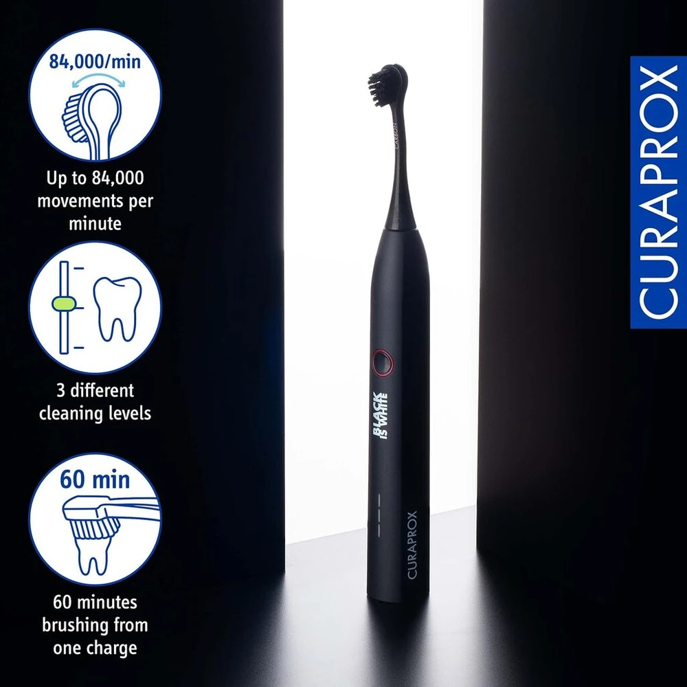 Curaprox Sonic dantų šepetėlis Juodas is Baltas-hydrosonic, 3 skirtingi valymo lygiai, Led funkcijos ekranas, šepetėlio galvutė su aktyvuota anglimi, su įkrovikliu ir kelioniniu dėklu