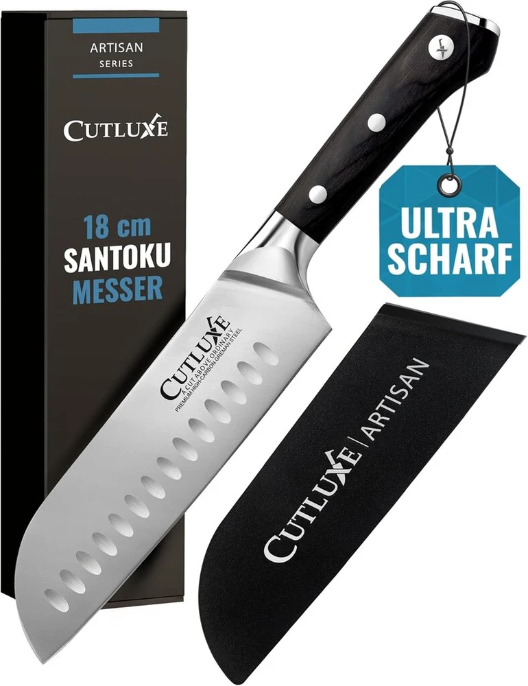 Cutluxe Santoku peilis 18 cm - peilis žuviai, peilis mėsai, peilis sušiui, virtuvinis peilis su dėklu - ergonomiškas dizainas ir itin aštrus