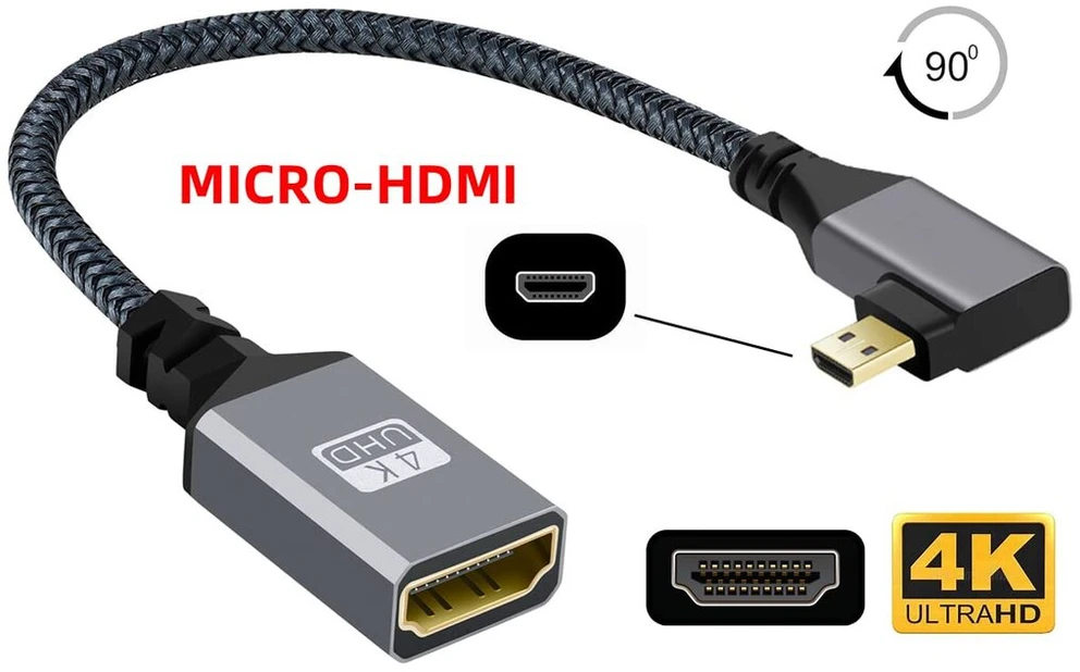 Cy 4k kabelis, D tipo Micro Hdmi 1.4 jungtis, 90 laipsnių kampu į dešinę, į Hdmi lizdo prailginimo kabelį, skirtą Dv Mp4 kamerai, Dc nešiojamam kompiuteriui, Hdtv