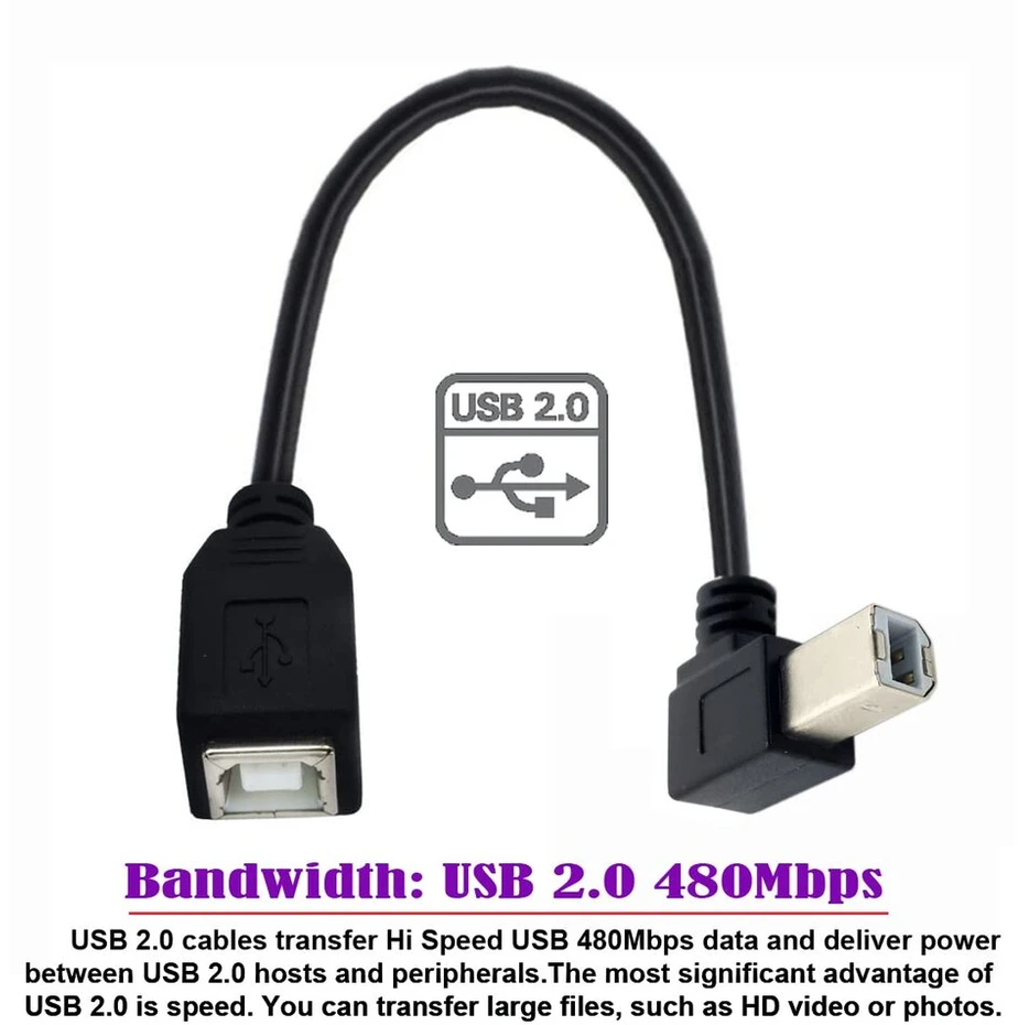 Cy usb 2.0 b tipo tėviškas-moteriškas prailginimo kabelis, kairinis kampas 90 laipsnių, 20 cm, skirtas spausdintuvui, skaitytuvui, diskui