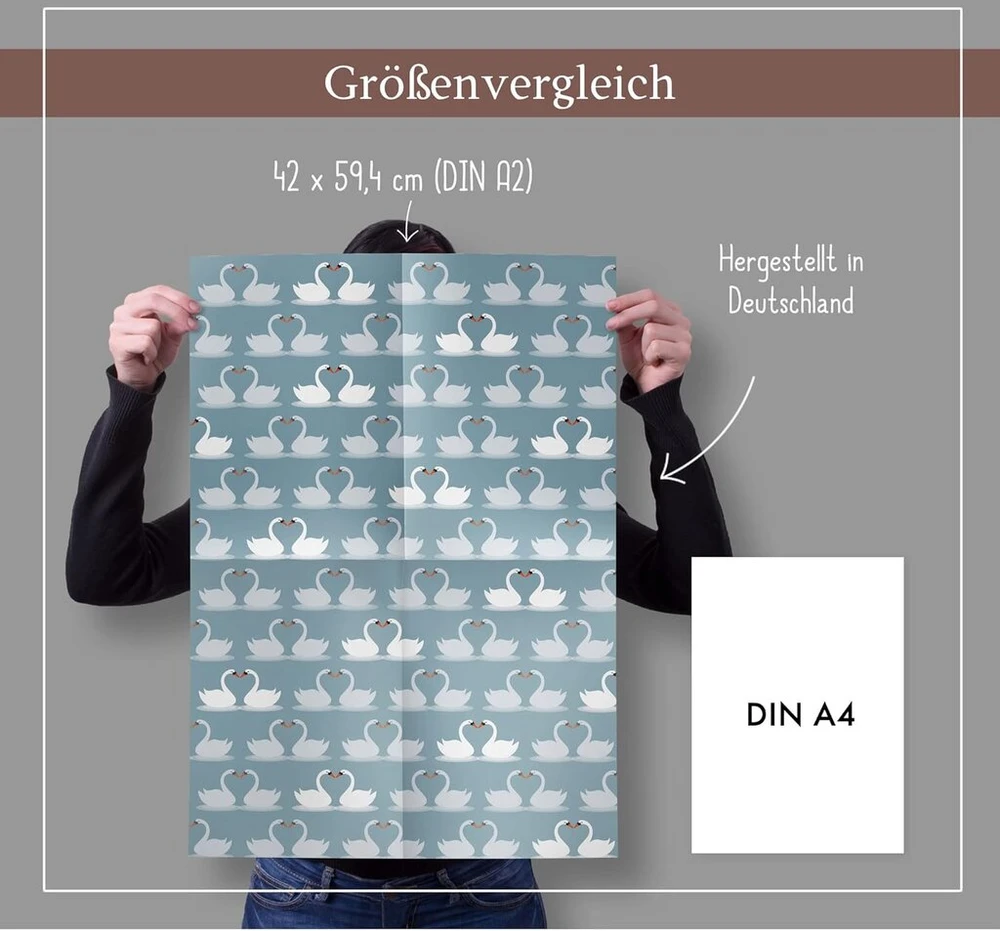 Dabelino® 5x vestuvinis pakavimo popierius: gulbės / širdis (dvipusis baltas/mėlynas/smėlio spalvos, eco) | rinkinys su atviruku: Alles Liebe zur Hochzeit