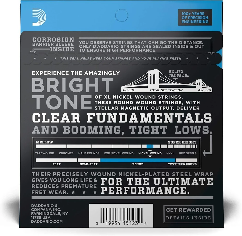 D'addario E bosinės gitaros stygos | E bosinės gitaros stygos | Bosinės gitaros stygos | E bosinės gitaros stygos | Bosinės gitaros stygos | Exl170 nikelio stygų komplektas E bosinei gitarai 045' - 100' Long Scale
