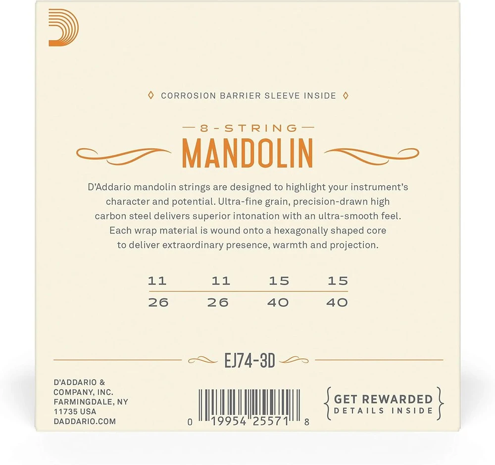 D'addario Ej74-3d Phosphor Bronze 11-40 mandolinos stygos, medium
