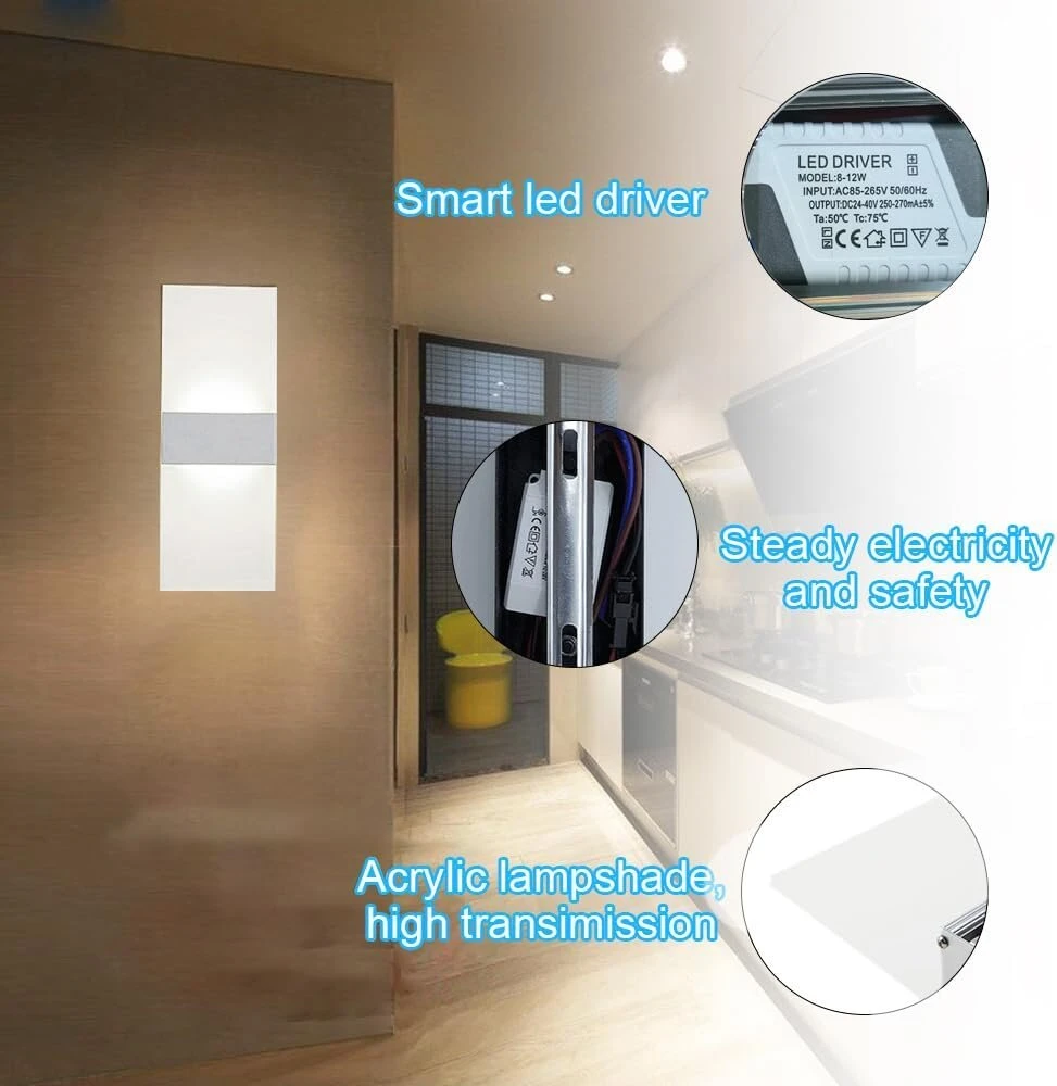 Dagord 2 sieninių šviestuvų komplektas, vidaus led, šaltai balta 6500 k, akrilinis sieninis apšvietimas, modernus svetainės sieninis šviestuvas, 12 w led sieninis šviestuvas, apšvietimas aukštyn ir žemyn, plokščias vidaus apšvietimas miegamojo koridoriui