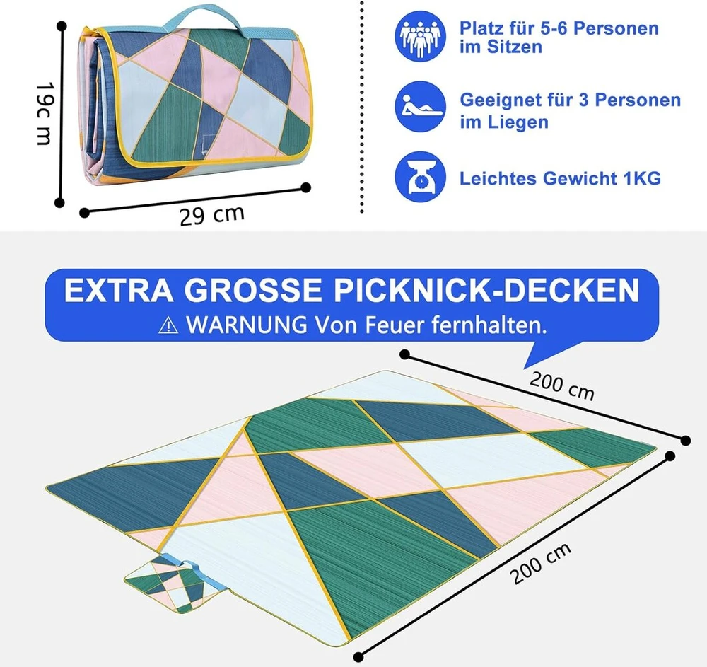 Dancoom pikniko antklodė, sulankstomas vandeniui atsparus smėlio kilimėlis, 200 x 200 cm, ypač didelė pikniko antklodė, lauko kilimėlis, paplūdimio antklodė stovyklavimui, žygiams, kelionėms, šeimos koncertams