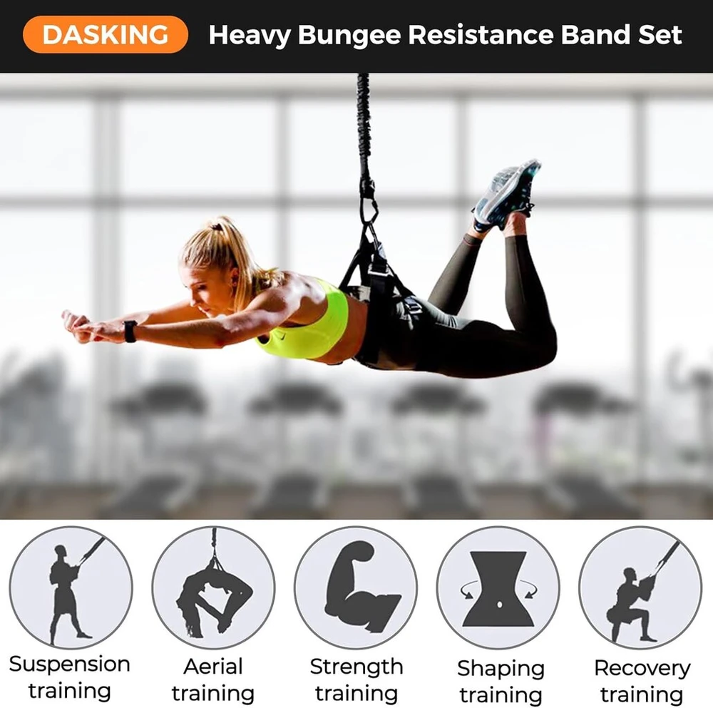 Dasking sunkiųjų bungee diržų rinkinys, oro jogos pasipriešinimo bungee tampymo diržas, 4d bungee šokių virvė, treniruočių pasipriešinimo diržas, fitneso namų sporto salės profesionali treniruočių įranga (80 kg)