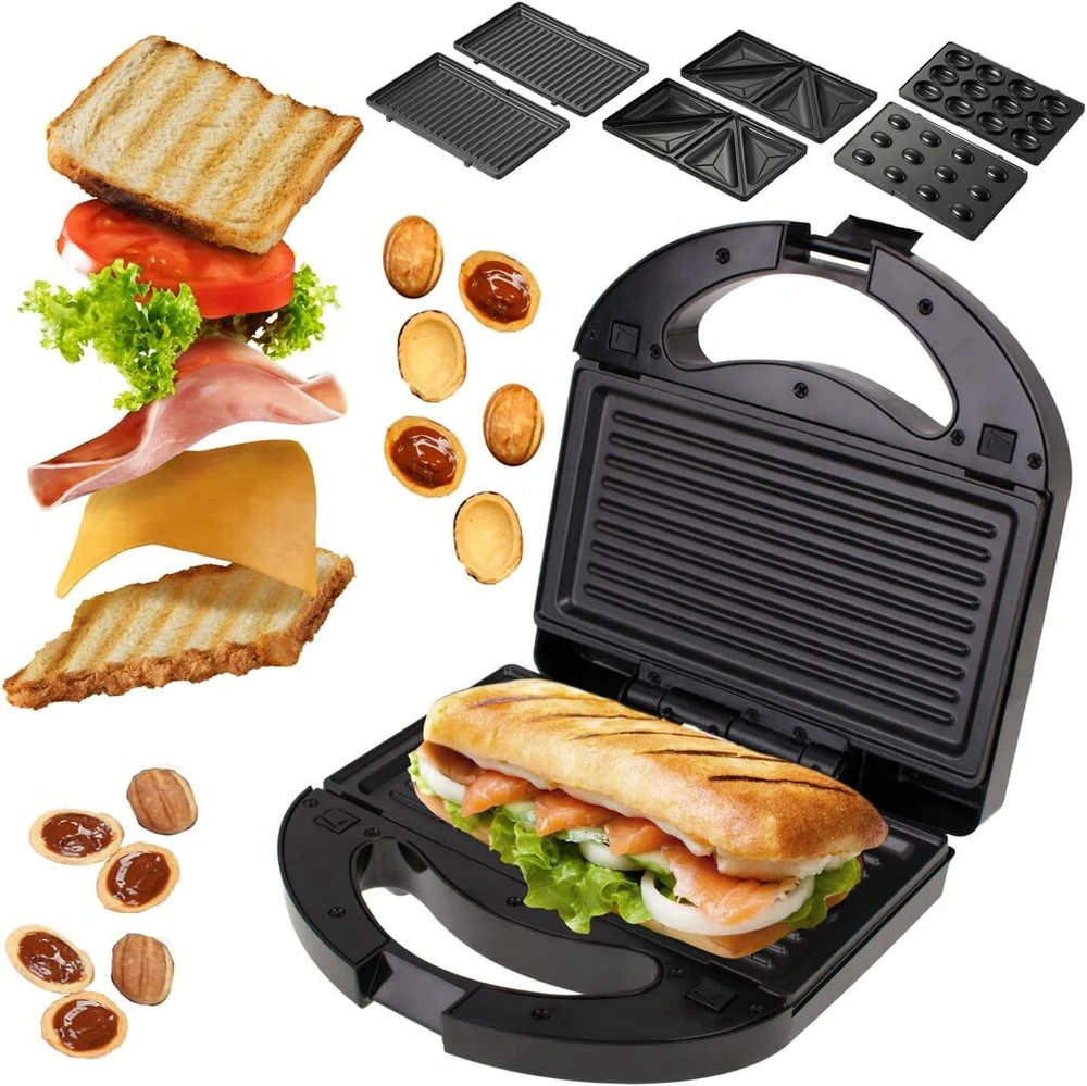 Daugiafunkcinis 3-in-1 sumuštinių keptuvas, skrudintuvas, kontaktinis grilis, 1000 W galia, nelimpanti danga lengvam valymui be pridegimo