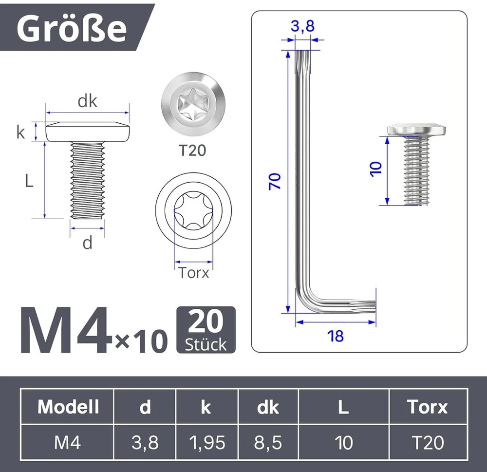 Dayalo varžtai su plokščia galvute, torx varžtai, m4 varžtai, nerūdijantis plienas a2 v2a, mašininiai varžtai, baldų varžtai su pilnu sriegiu ir torx raktu, m4 x 10 mm, 20 vnt.
