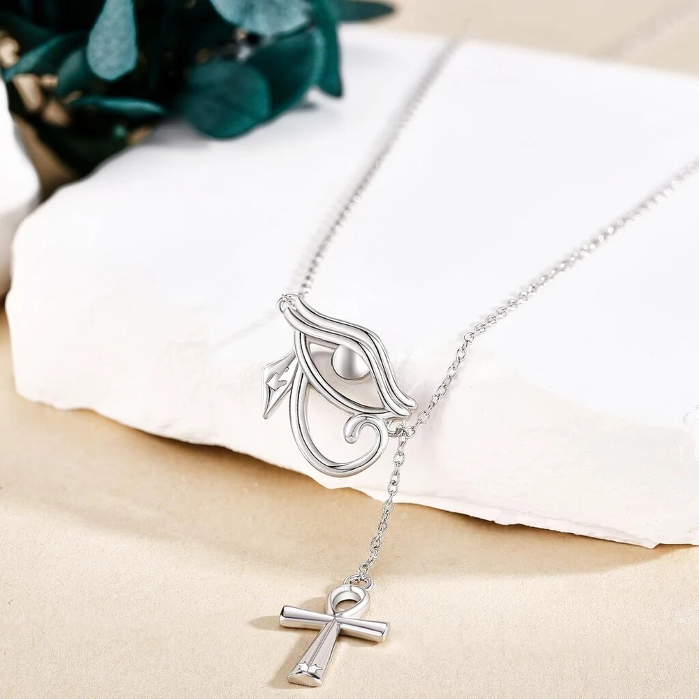 Daylinlove Akies Horuso ir Ankh karoliai, 925 sidabro Ankh kryžiaus karoliai, Akies Horuso pakabukas, senovės Egipto papuošalų dovanos moterims, sidabras, be brangakmenių
