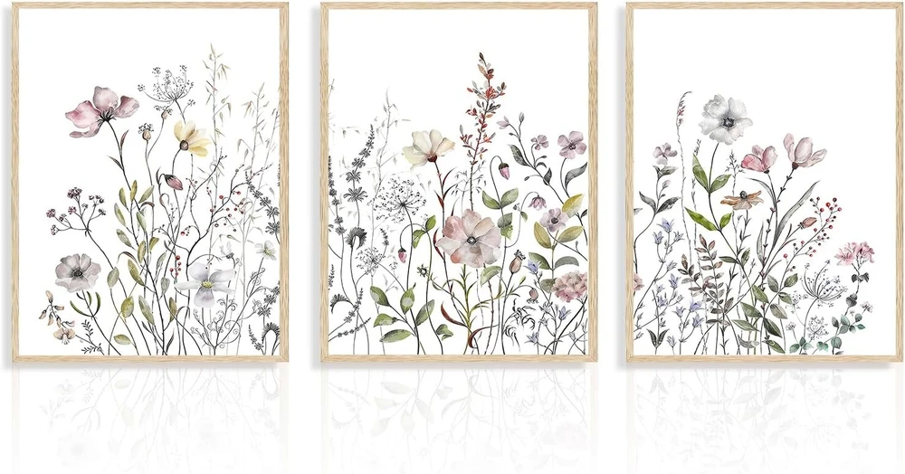 Plakatas Dazzlewall 3 akvarelinių lauko gėlių sieninių paveikslų rinkinys, minimalistiniai botaniniai gėlių paveikslai miegamojo, svetainės dekorui, 30 x 40 cm, be rėmo