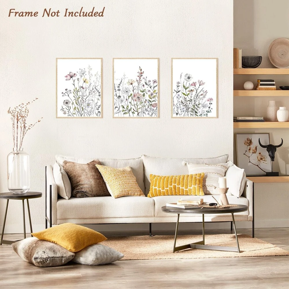 Plakatas Dazzlewall 3 akvarelinių lauko gėlių sieninių paveikslų rinkinys, minimalistiniai botaniniai gėlių paveikslai miegamojo, svetainės dekorui, 30 x 40 cm, be rėmo