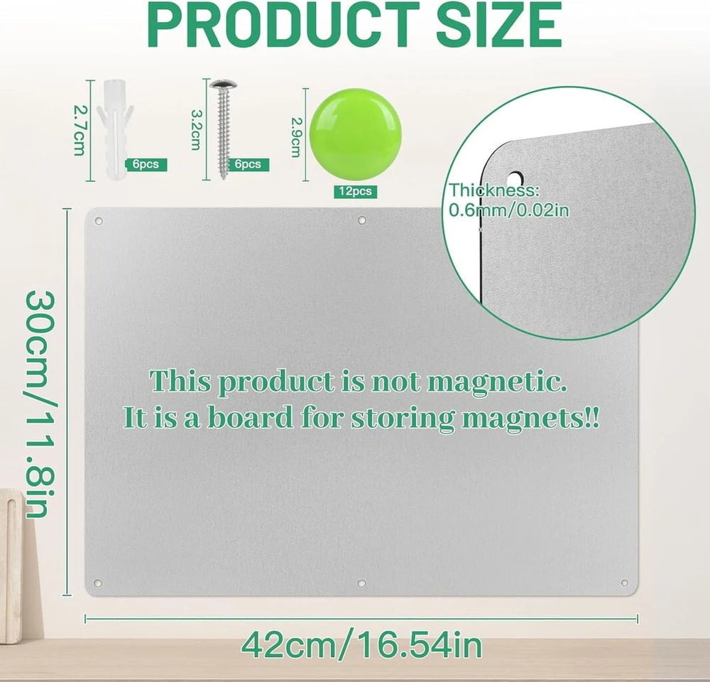 Dbreaks Magnetinė lenta 42 x 30 cm, metalinė magnetinė lenta kaip atmintinė, magnetinė lenta su 12 magnetų, rašomoji magnetinė lenta, magnetinė skelbimų lenta virtuvei, biurui, užrašams ir nuotraukoms
