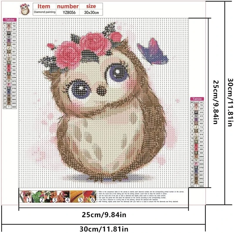 Dcidbei 30 x 30 cm 5d deimantinė tapyba apvali, dėlionės deimantinės tapybos rinkinys pilnas, deimantinės tapybos paveikslai gyvūnai anime vaikams suaugusiems, rankdarbiai, tapyba ir rankdarbiai, pelėda su rožėmis