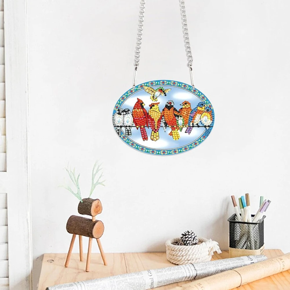 Dcidbei deimantinės tapybos ornamentai su grandinėle, paukščiai 14 x 15 cm, deimantinės tapybos ženklai, deimantinės tapybos pakabukas, lenta, priekinių durų ženklas, sienos ženklas pradedantiesiems, verandos lango sienos pakabinimas